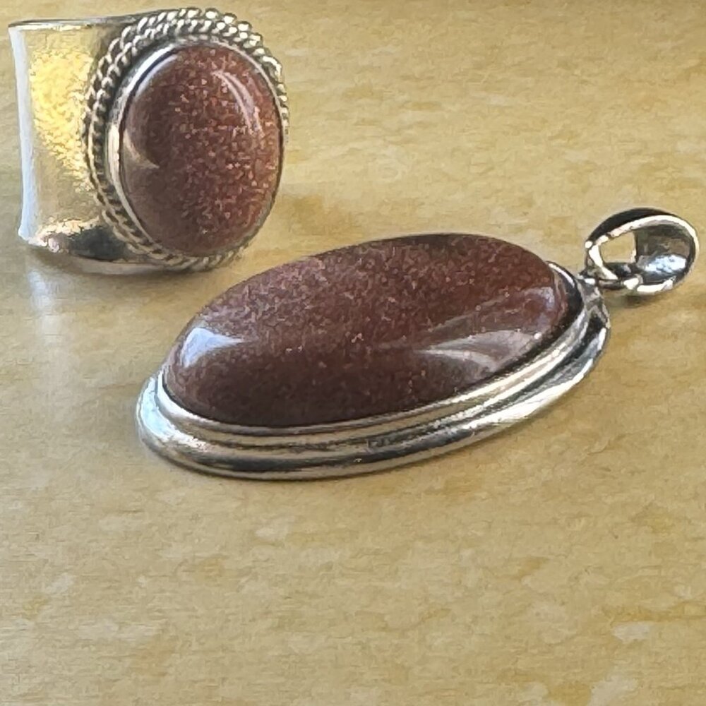 Pendant Ring Set Silver Tone Goldstone Cocktail Wide Band Statement Size 7